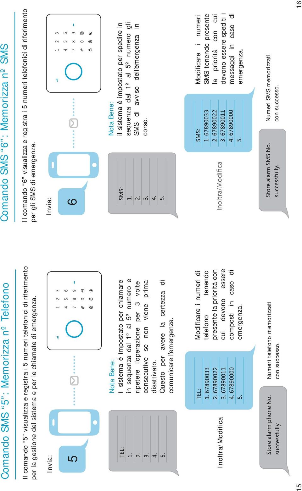 5 6 Nota Bene: il sistema è impostato per chiamare in sequenza dal 1º al 5º numero e ripetere l operazione per 3 volte consecutive se non viene prima disattivato.