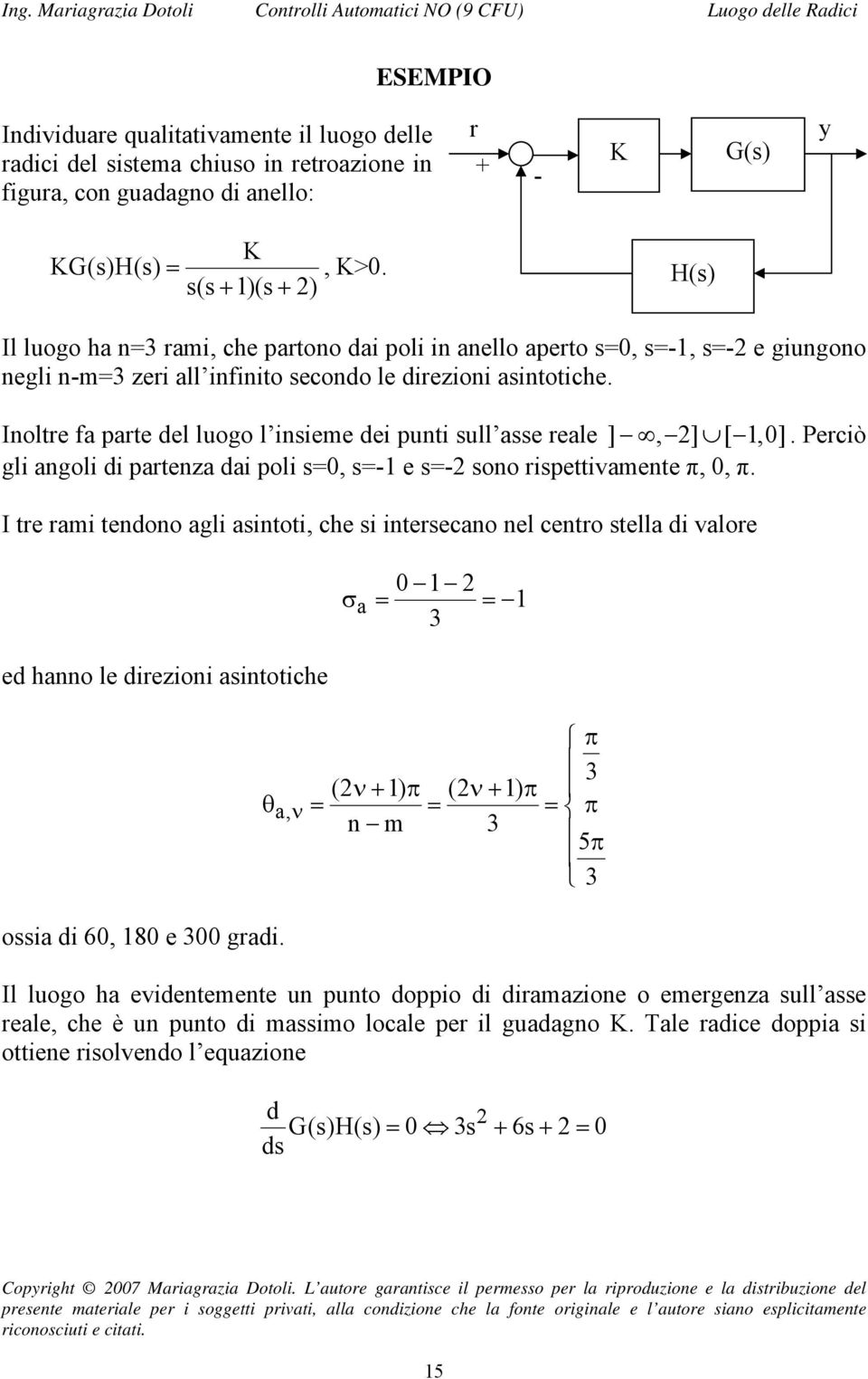 Inoltre fa parte del luogo l insieme dei punti sull asse reale ], ] [,0]. Perciò gli angoli di partenza dai poli s=0, s=- e s=- sono rispettivamente π, 0, π.