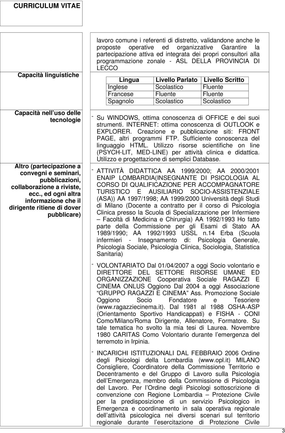 attiva ed integrata dei propri consultori alla programmazione zonale - ASL DELLA PROVINCIA DI Lingua Livello Parlato Livello Scritto Inglese Scolastico Fluente Francese Fluente Fluente Spagnolo