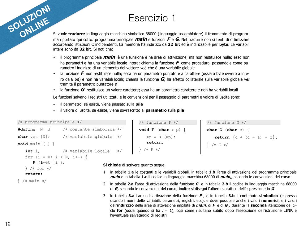 principale main e funzioni F e G. Nel tradurre non si 1. tenti in 1. di tabella ottimizzare in tabella 1.a le 1.