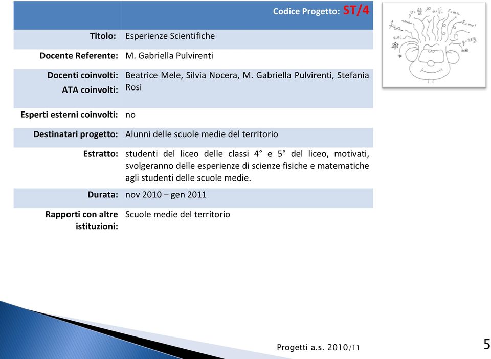 Gabriella Pulvirenti, Stefania ATA coinvolti: Rosi Esperti esterni coinvolti: no Destinatari progetto: Alunni delle scuole medie