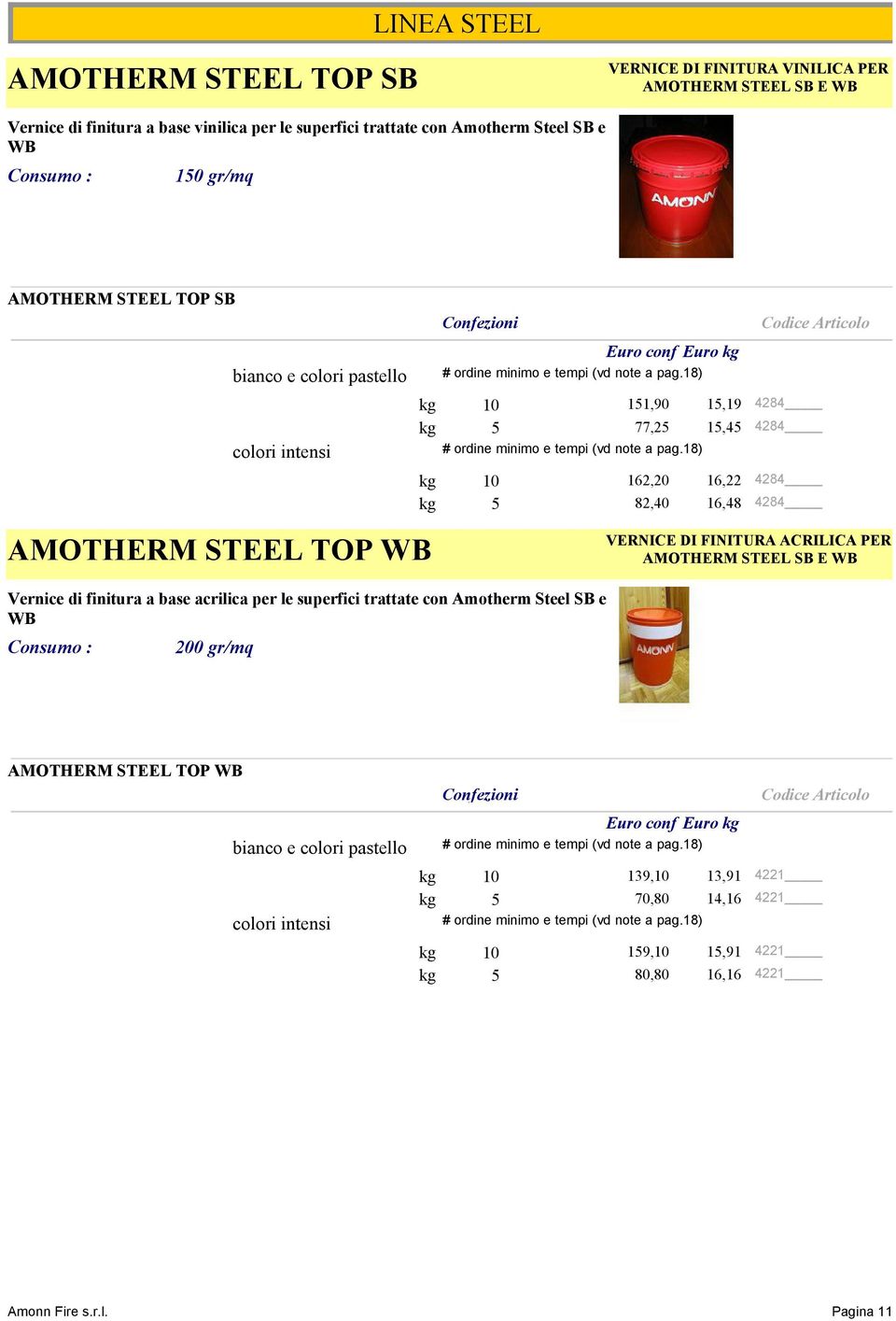 18) Vernice di finitura a base acrilica per le superfici trattate con Amotherm Steel SB e WB 200 gr/mq 162,20 16,22 4284 82,40 16,48 4284 VERNICE DI FINITURA ACRILICA PER AMOTHERM STEEL SB E WB