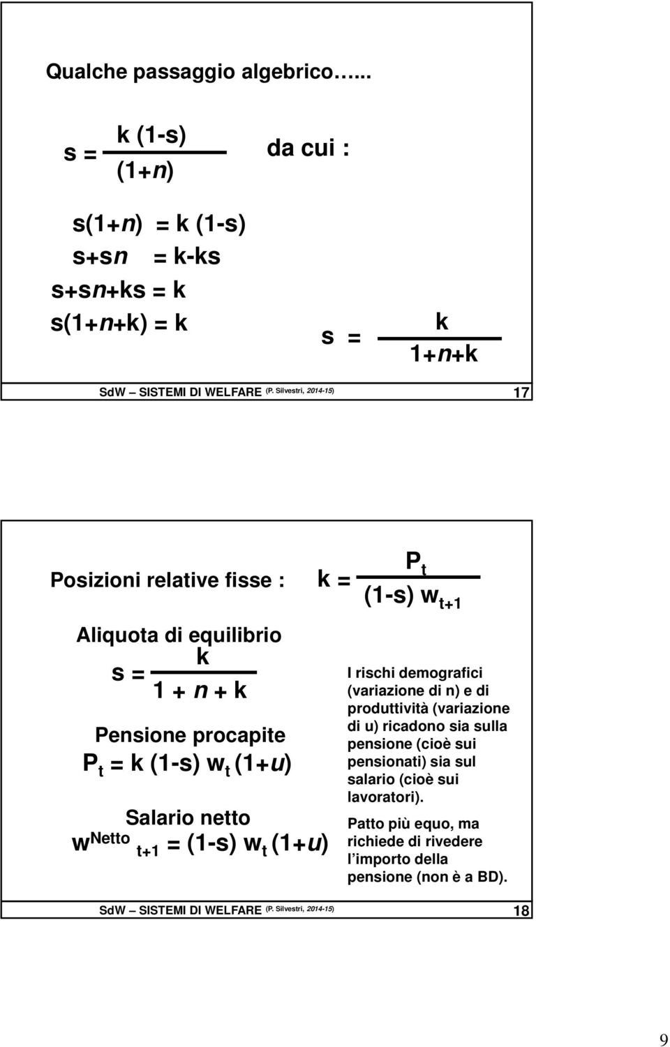 netto w Netto t+1 = (1-s) w t (1+u) I rischi demografici (variazione di n) e di produttività (variazione di u) ricadono sia sulla pensione (cioè sui