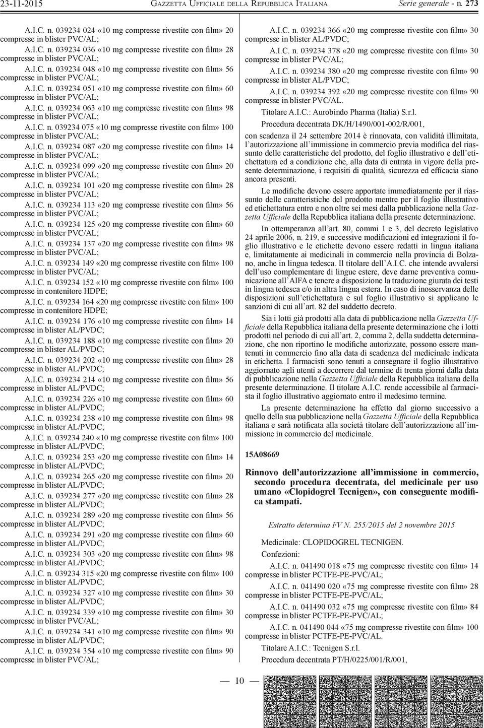 I.C. n. 039234 101 «20 mg compresse rivestite con film» 28 A.I.C. n. 039234 113 «20 mg compresse rivestite con film» 56 A.I.C. n. 039234 125 «20 mg compresse rivestite con film» 60 A.I.C. n. 039234 137 «20 mg compresse rivestite con film» 98 A.