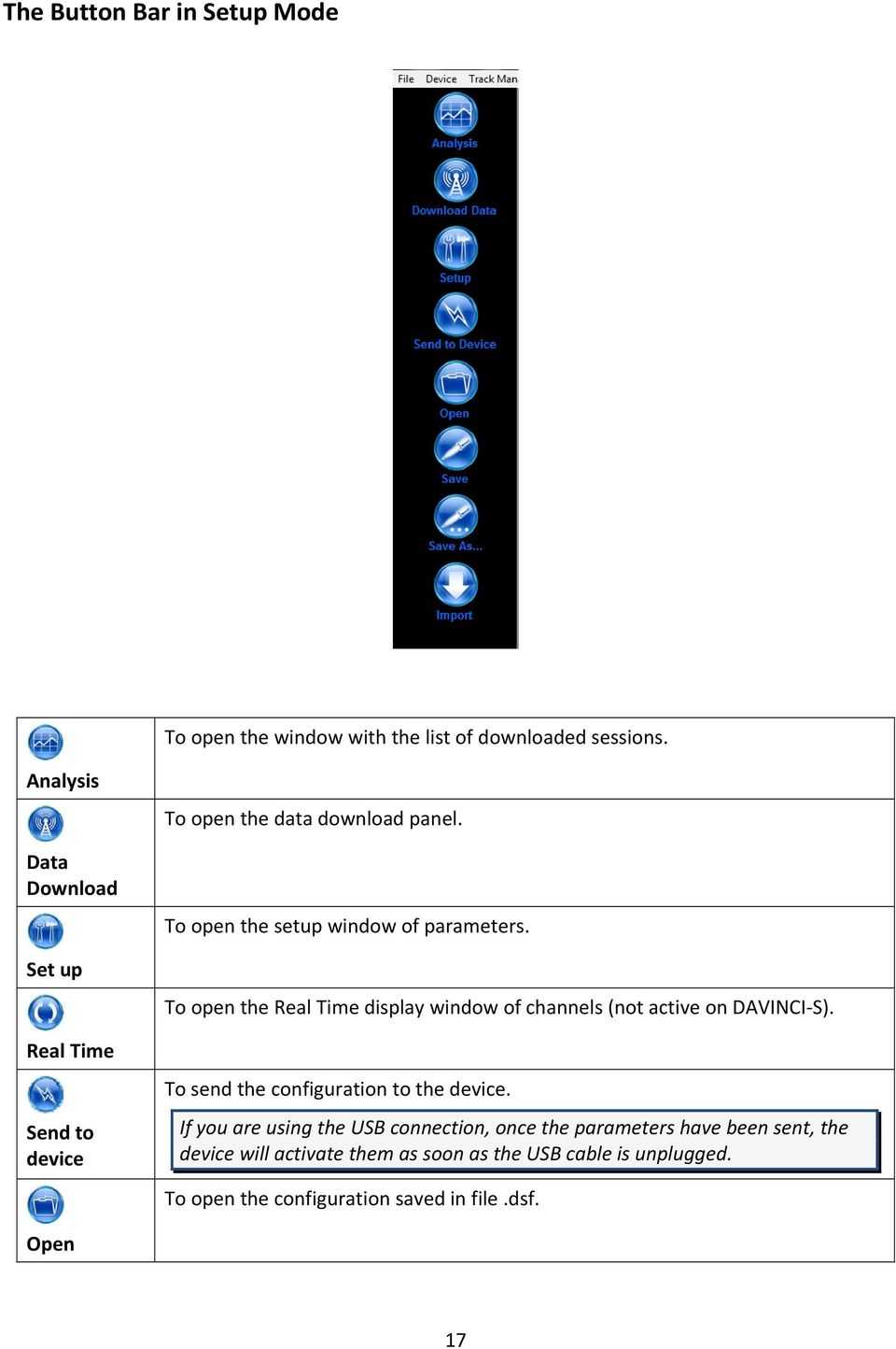 To open the Real Time display window of channels (not active on DAVINCI S). To send the configuration to the device.