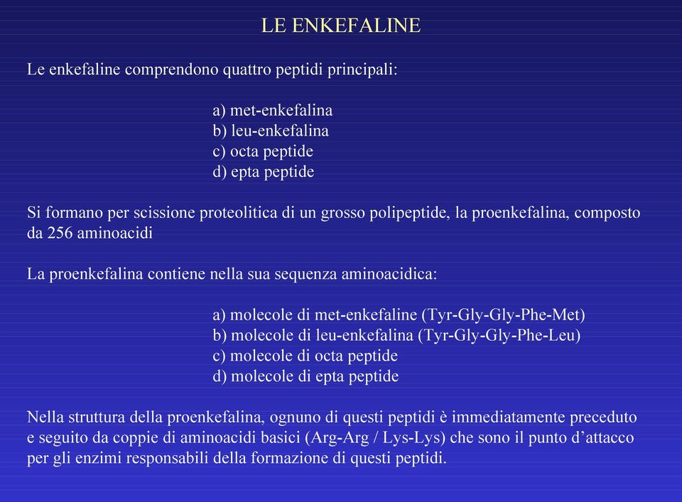 (Tyr-Gly-Gly-Phe-Met) b) molecole di leu-enkefalina (Tyr-Gly-Gly-Phe-Leu) c) molecole di octa peptide d) molecole di epta peptide Nella struttura della proenkefalina, ognuno di