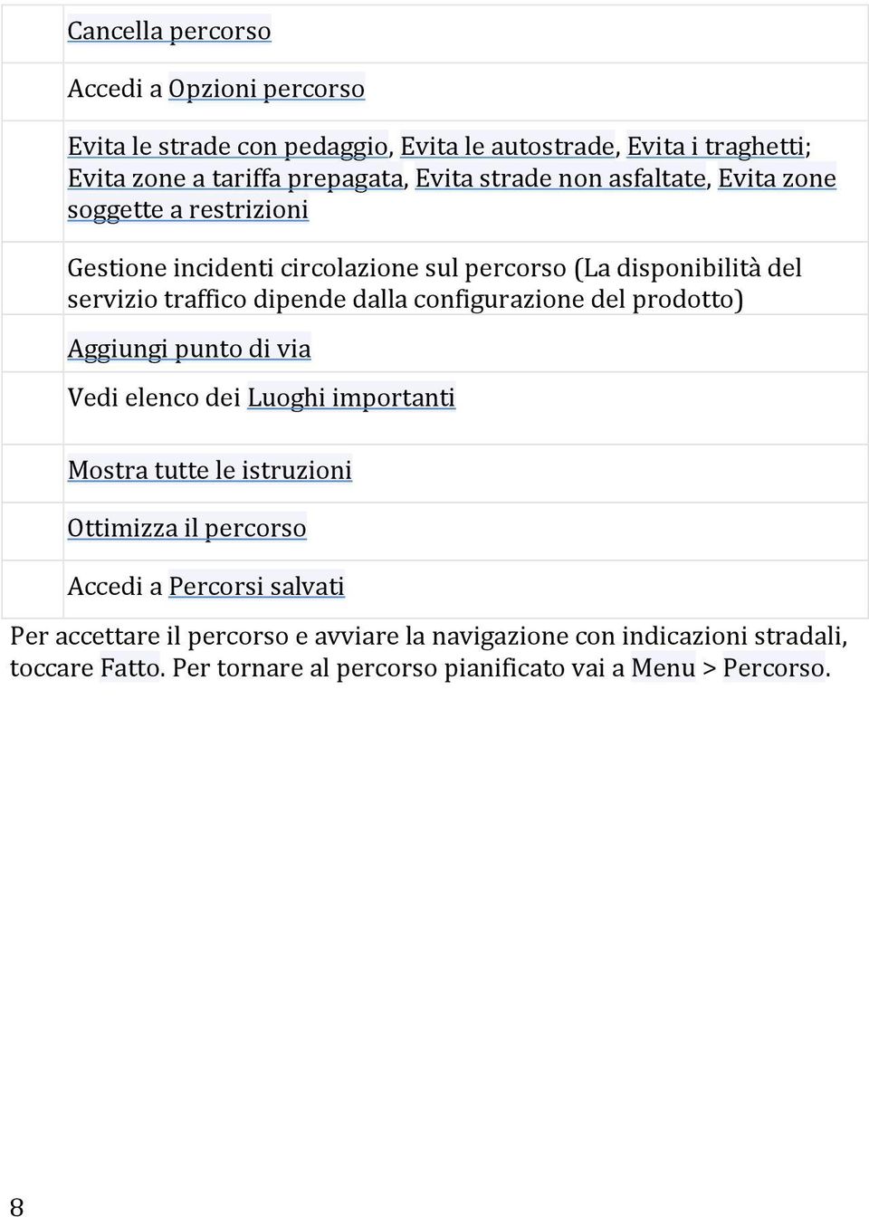 configurazione del prodotto) Aggiungi punto di via Vedi elenco dei Luoghi importanti Mostra tutte le istruzioni Ottimizza il percorso Accedi a Percorsi