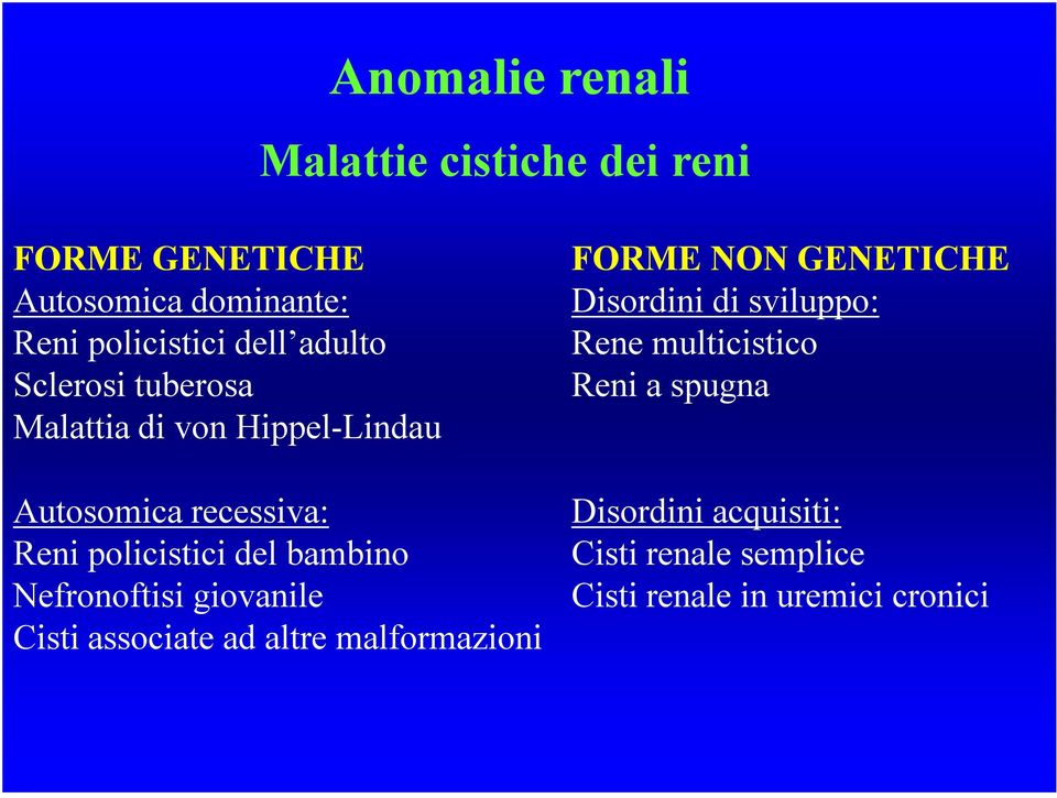 bambino Nefronoftisi giovanile Cisti associate ad altre malformazioni FORME NON GENETICHE Disordini di