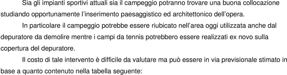 In particolare il campeggio potrebbe essere riubicato nell area oggi utilizzata anche dal depuratore da demolire mentre i campi da