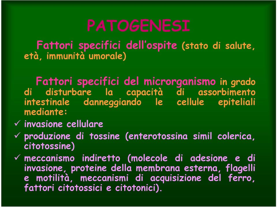 produzione di tossine (enterotossina simil colerica, citotossine) meccanismo indiretto (molecole di adesione e di invasione,