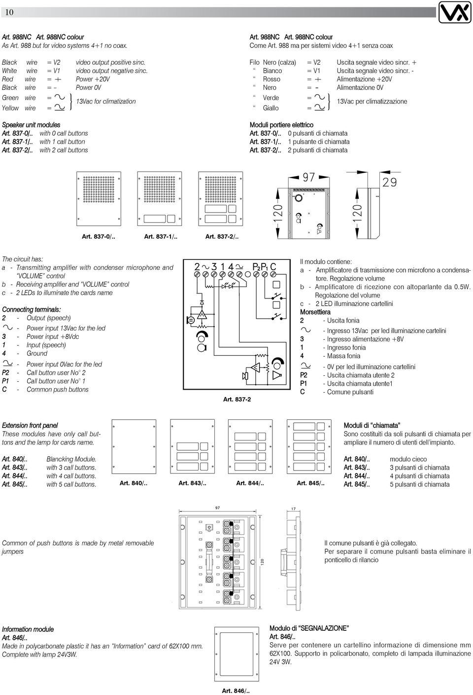 . with 2 call buttons Art. 988NC Art. 988NC colour Come Art. 988 ma per sistemi video 4+1 senza coax Filo Nero (calza) = V2 Uscita segnale video sincr. + Bianco = V1 Uscita segnale video sincr.