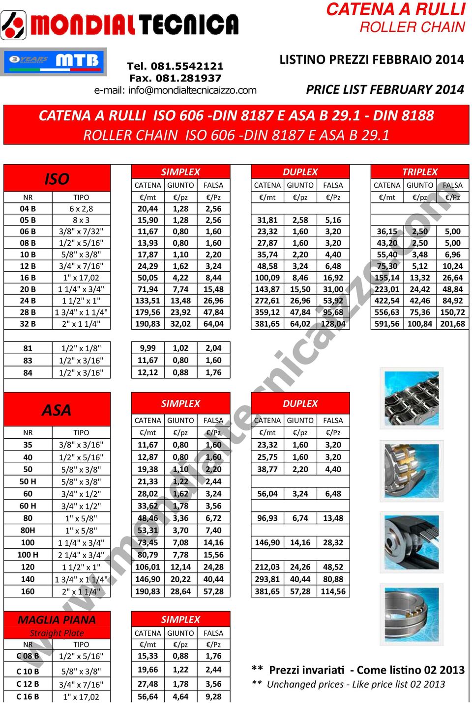 1 ISO SIMPLEX DUPLEX TRIPLEX CATENA GIUNTO FALSA CATENA GIUNTO FALSA CATENA GIUNTO FALSA NR TIPO /mt /pz /Pz /mt /pz /Pz /mt /pz /Pz 04 B 6 x 2,8 20,44 1,28 2,56 05 B 8 x 3 15,90 1,28 2,56 31,81 2,58