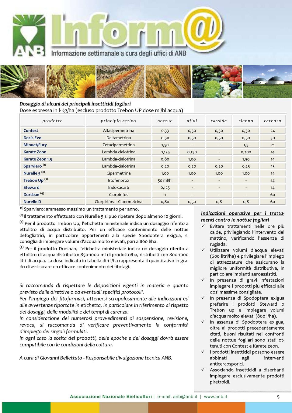 5 Lambda-cialotrina 0,80 1,00-1,50 14 Sparviero (1) Lambda-cialotrina 0,20 0,20 0,20 0,25 15 Nurelle 5 (2) Cipermetrina 1,00 1,00 1,00 1,00 14 Trebon Up (3) Etofenprox 50 ml/hl - - - 14 Steward