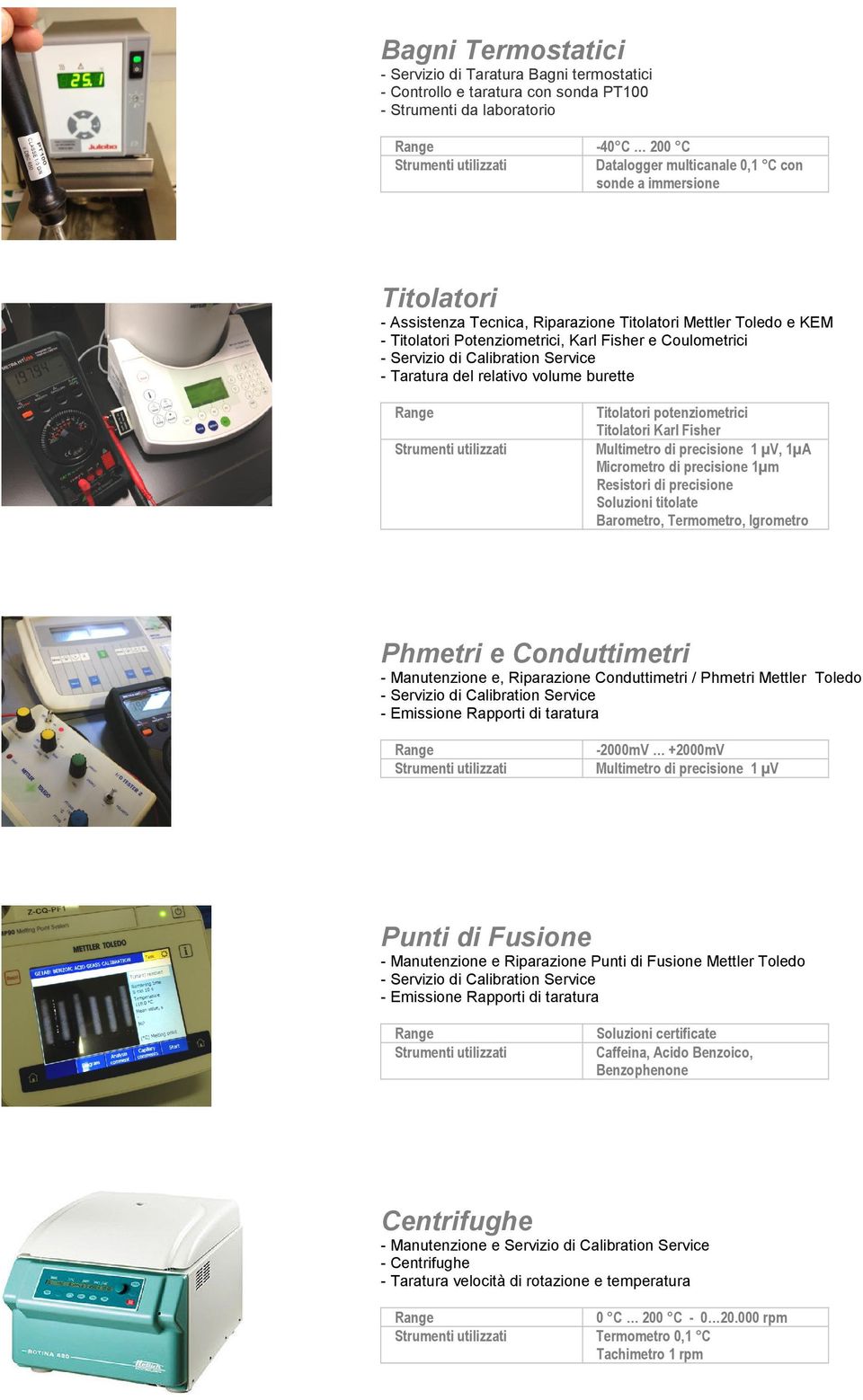 Titolatori Karl Fisher Multimetro di precisione 1 µv, 1µA Micrometro di precisione 1µm Resistori di precisione Soluzioni titolate Barometro, Termometro, Igrometro Phmetri e Conduttimetri -