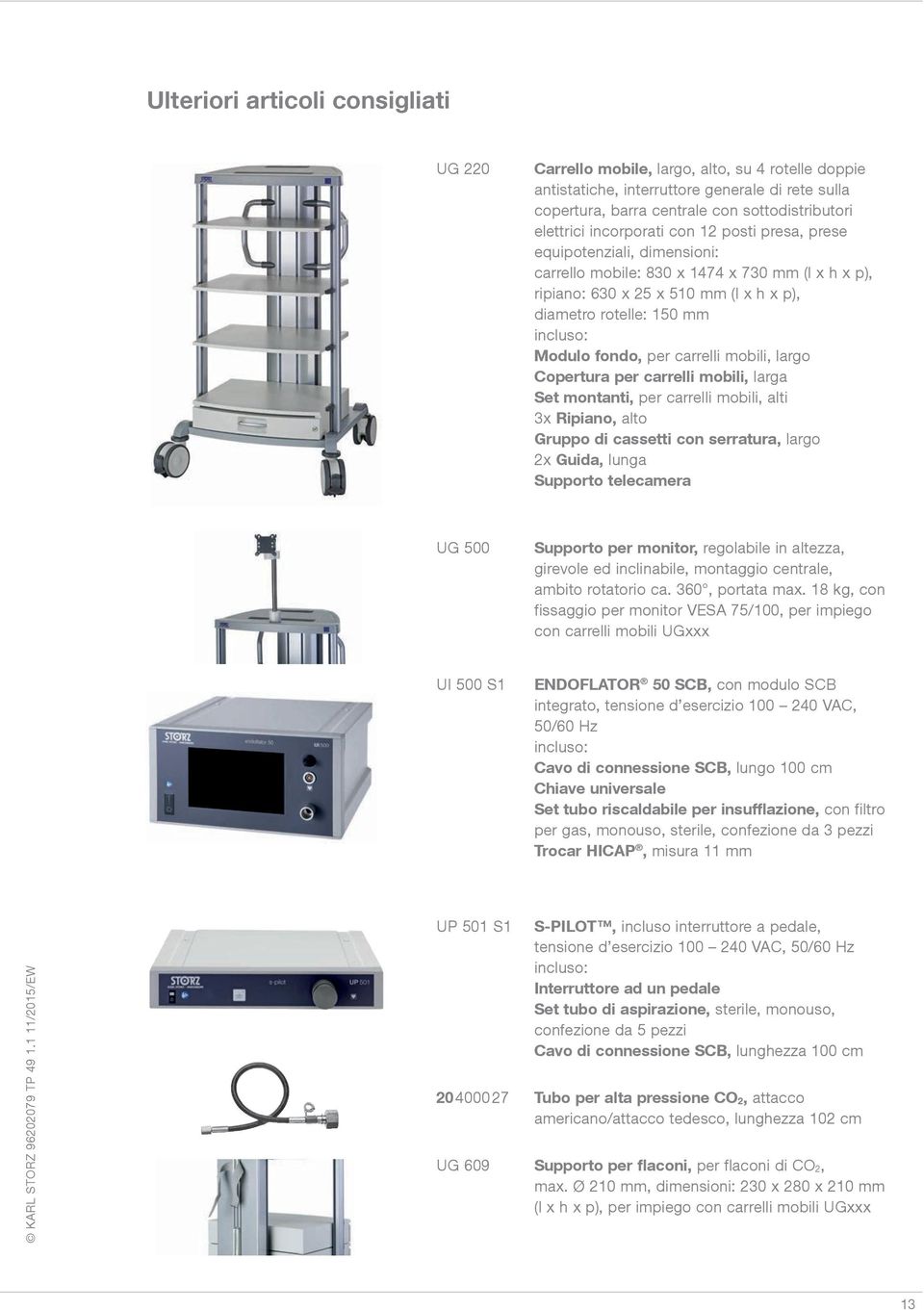 carrelli mobili, largo Copertura per carrelli mobili, larga Set montanti, per carrelli mobili, alti 3x Ripiano, alto Gruppo di cassetti con serratura, largo 2x Guida, lunga Supporto telecamera UG 500