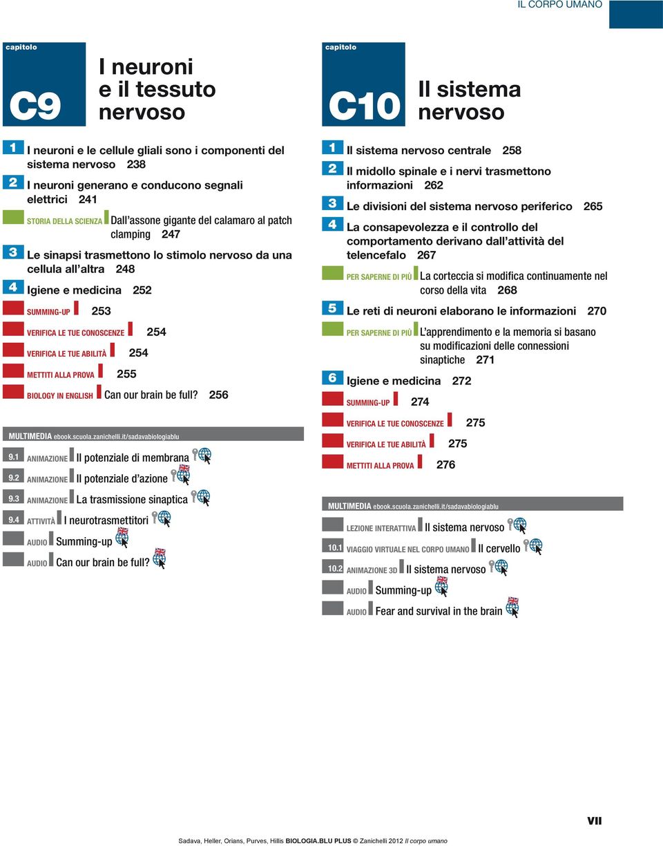 VERIFICA LE TUE CONOSCENZE 254 VERIFICA LE TUE ABILITÀ 254 METTITI ALLA PROVA 255 BIOLOGY IN ENGLISH Can our brain be full? 256 9.1 ANIMAZIONE Il potenziale di membrana 9.