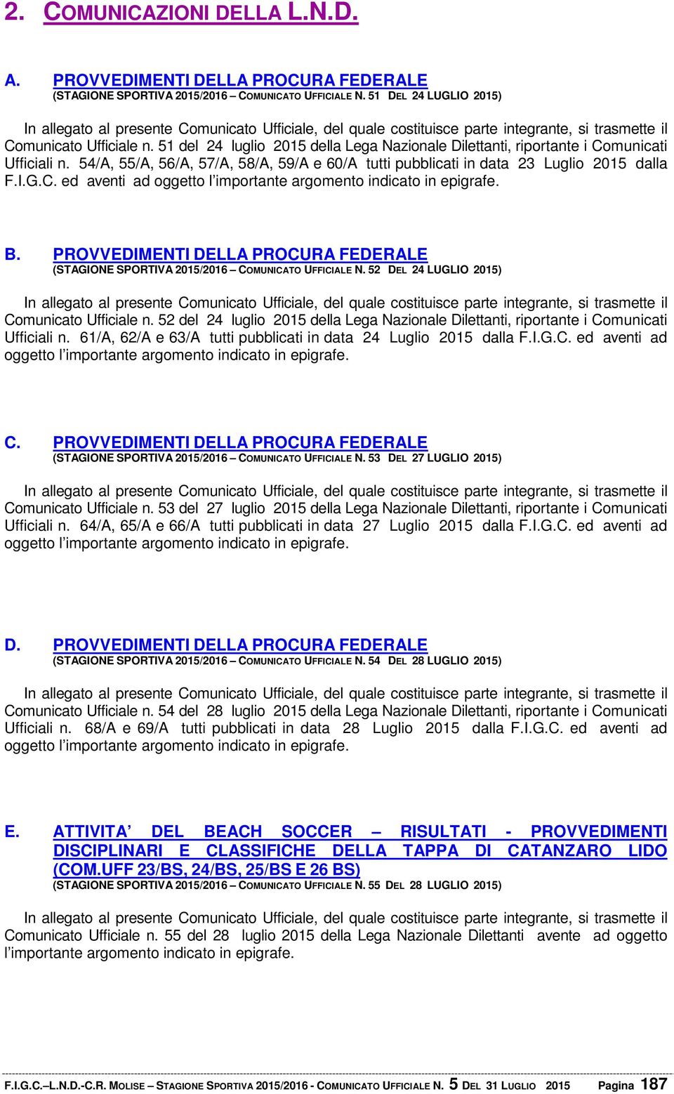 51 del 24 luglio 2015 della Lega Nazionale Dilettanti, riportante i Comunicati Ufficiali n. 54/A, 55/A, 56/A, 57/A, 58/A, 59/A e 60/A tutti pubblicati in data 23 Luglio 2015 dalla F.I.G.C. ed aventi ad oggetto l importante argomento indicato in epigrafe.