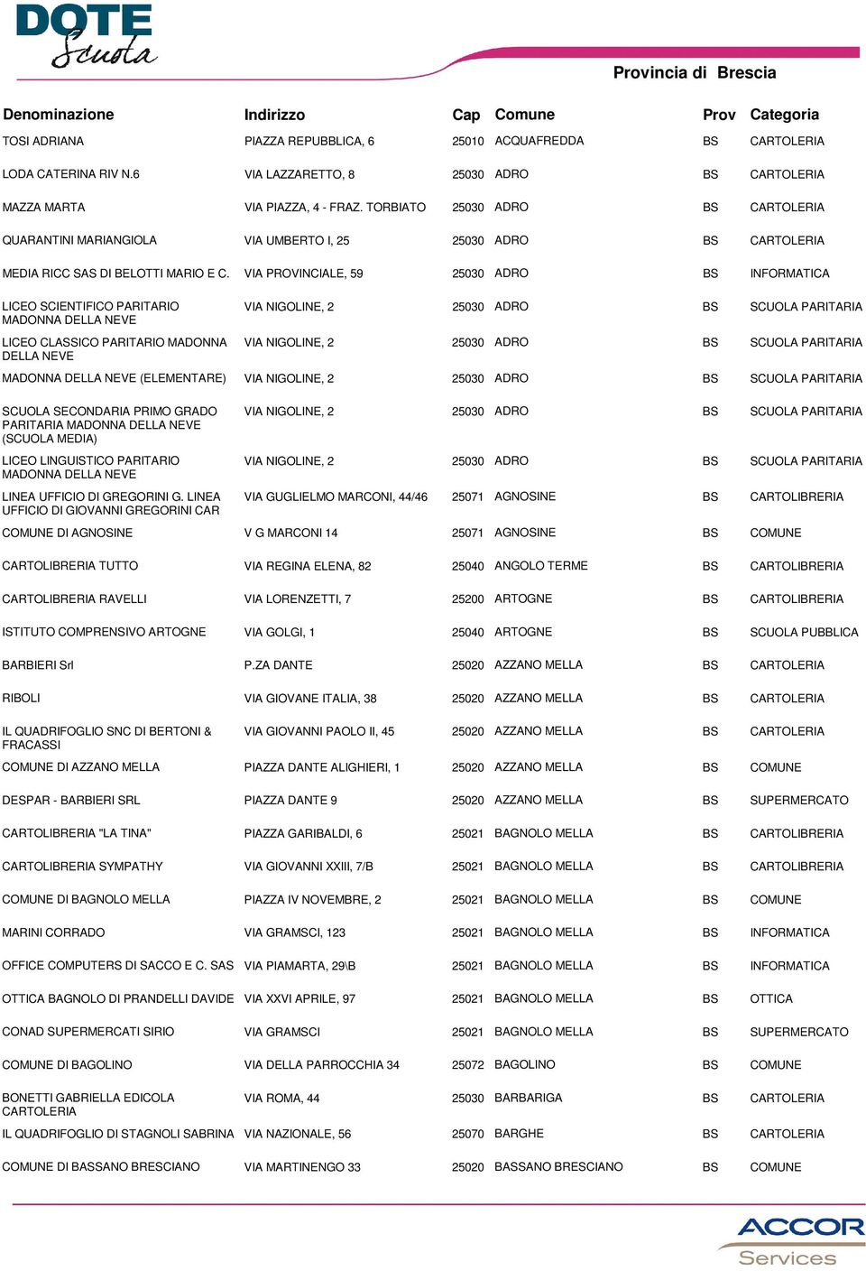 VIA PROVINCIALE, 59 ADRO LICEO SCIENTIFICO PARITARIO MADONNA DELLA NEVE VIA NIGOLINE, 2 ADRO LICEO CLASSICO PARITARIO MADONNA DELLA NEVE VIA NIGOLINE, 2 ADRO MADONNA DELLA NEVE (ELEMENTARE) VIA