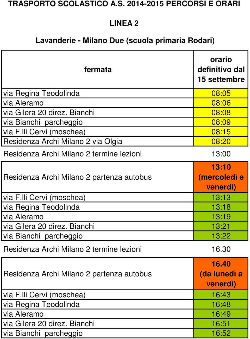 lli Cervi (moschea) 13:13 via Regina Teodolinda 13:18 via Aleramo 13:19 via Gilera 20 direz. Bianchi 13:21 via Bianchi parcheggio 13:22 Residenza Archi Milano 2 termine lezioni 16.30 16.