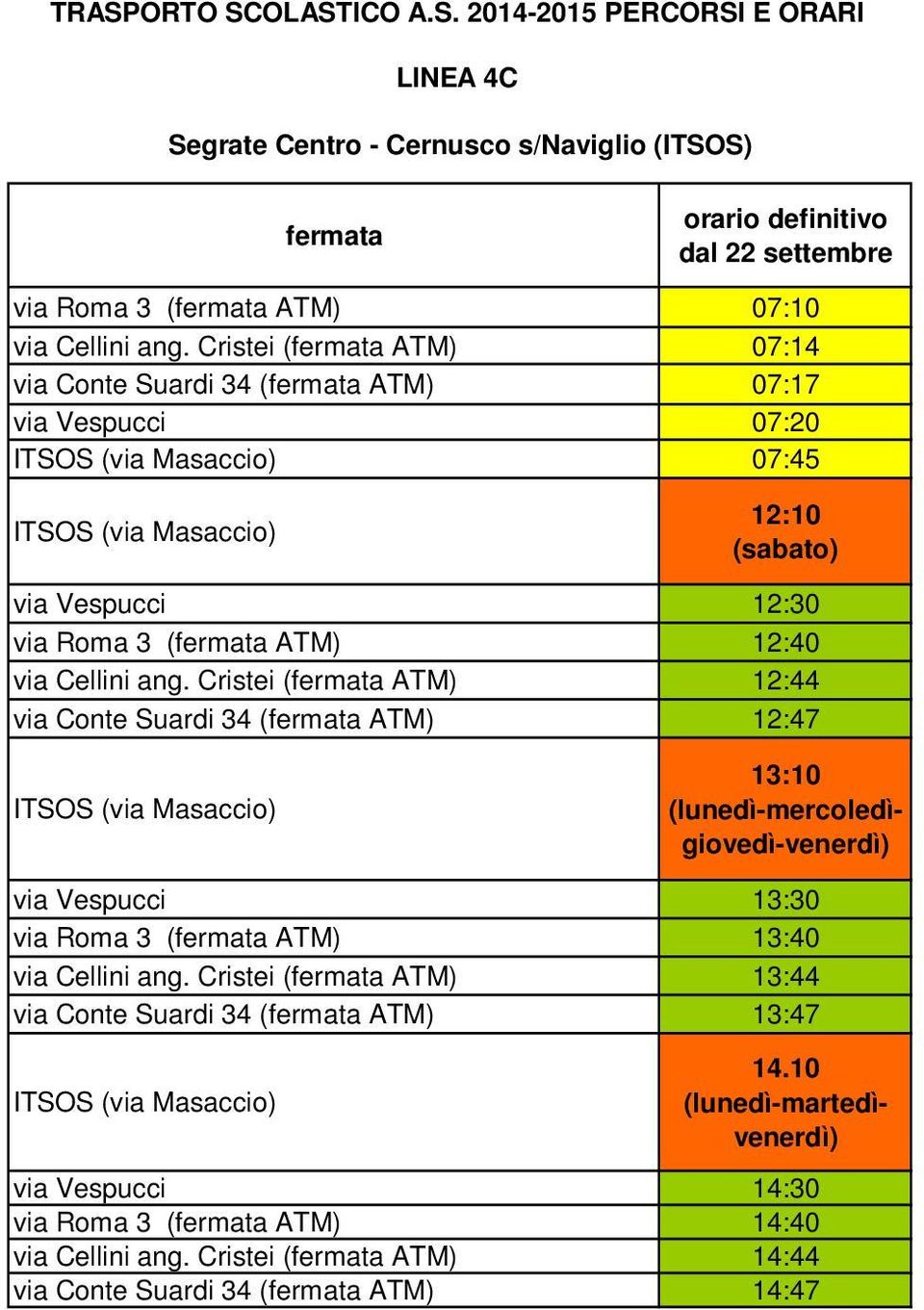 Cristei ( ATM) 12:44 via Conte Suardi 34 ( ATM) 12:47 (lunedì-mercoledìgiovedì-venerdì) via Vespucci 13:30 via Roma 3 ( ATM) 13:40 via Cellini ang.