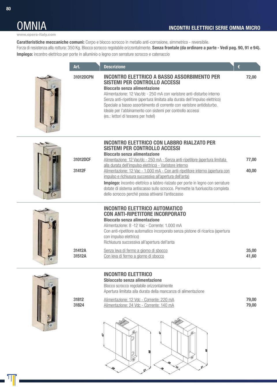 Impiego: incontro elettrico per porte in alluminio o legno con serrature scrocco e catenaccio 31012DCPN A BASSO ASSORBIMENTO PER SISTEMI PER CONTROLLO ACCESSI Alimentazione: 12 Vac/dc - 250 ma con