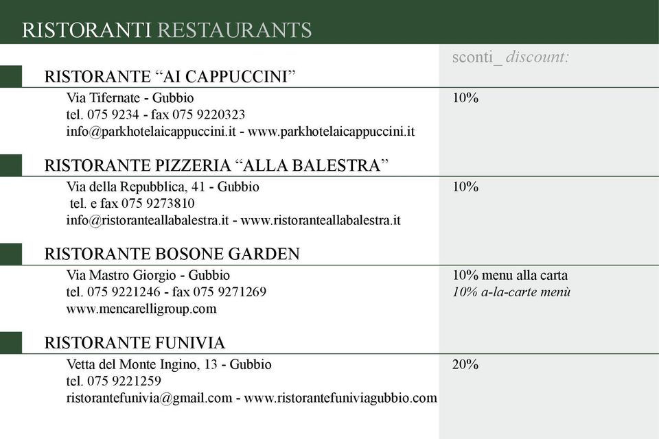 it - www.ristoranteallabalestra.it RISTORANTE BOSONE GARDEN Via Mastro Giorgio - Gubbio tel. 075 9221246 - fax 075 9271269 www.mencarelligroup.