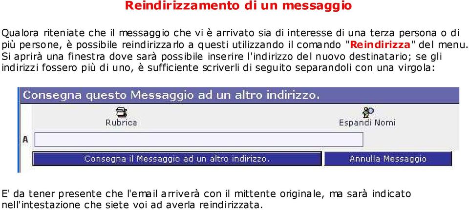 Si aprirà una finestra dove sarà possibile inserire l'indirizzo del nuovo destinatario; se gli indirizzi fossero più di uno, è sufficiente