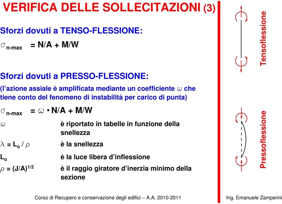 instabilità per carico di punta) s n-max w l = L o / r L o r = (J/A) 1/2 = w N/A + M/W è riportato in tabelle in