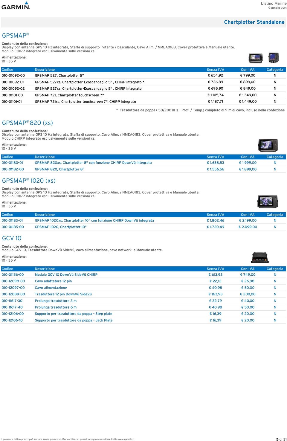 10-35 V Chartplotter Standalone 010-01092-00 GPSMAP 527, Chartplotter 5" 654,92 799,00 N 010-01092-01 GPSMAP 527xs, Chartplotter-Ecoscandaglio 5", CHIRP integrato * 736,89 899,00 N 010-01092-02