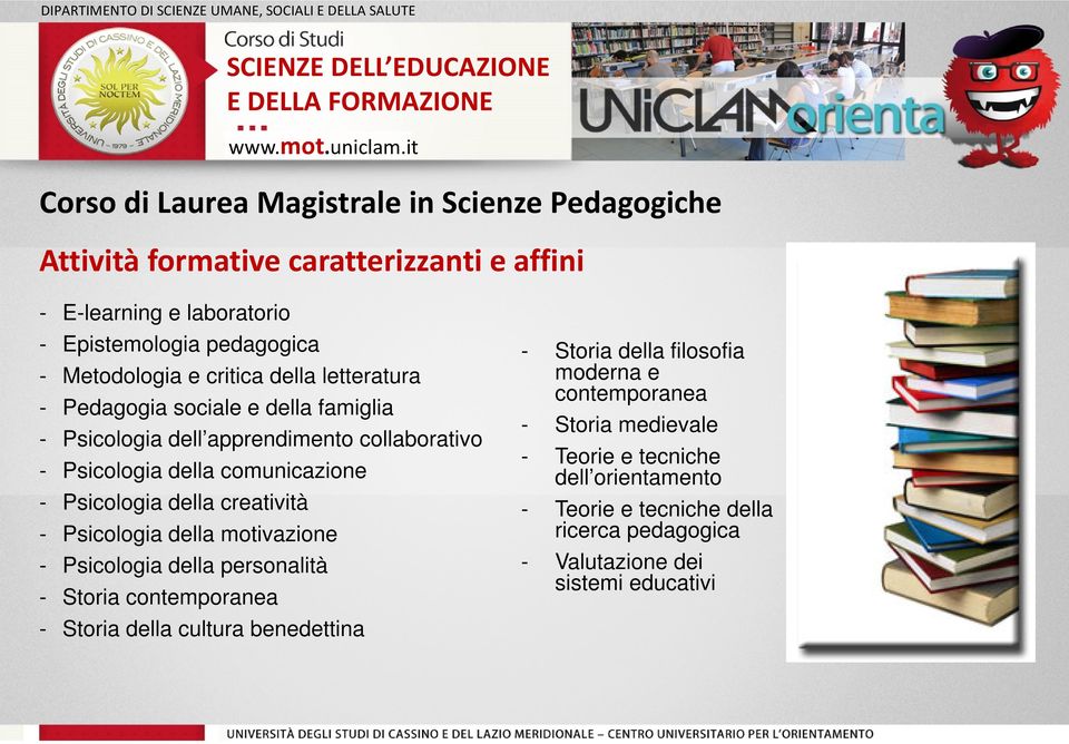 Psicologia della creatività - Psicologia della motivazione - Psicologia della personalità - Storia contemporanea - Storia della cultura benedettina - Storia