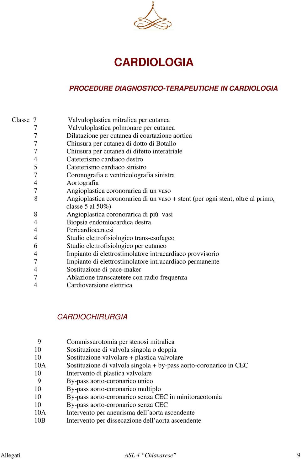 Aortografia 7 Angioplastica coronorarica di un vaso 8 Angioplastica coronorarica di un vaso + stent (per ogni stent, oltre al primo, classe 5 al 50%) 8 Angioplastica coronorarica di più vasi 4