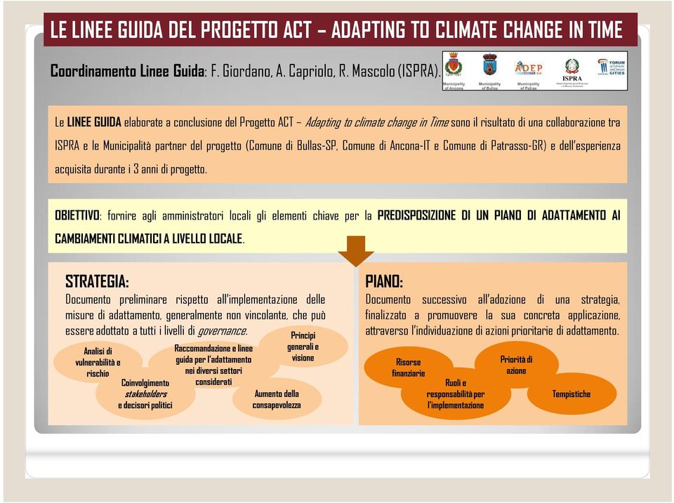 Bullas-SP, Comune di Ancona-IT e Comune di Patrasso-GR) e dell esperienza acquisita durante i 3 anni di progetto.