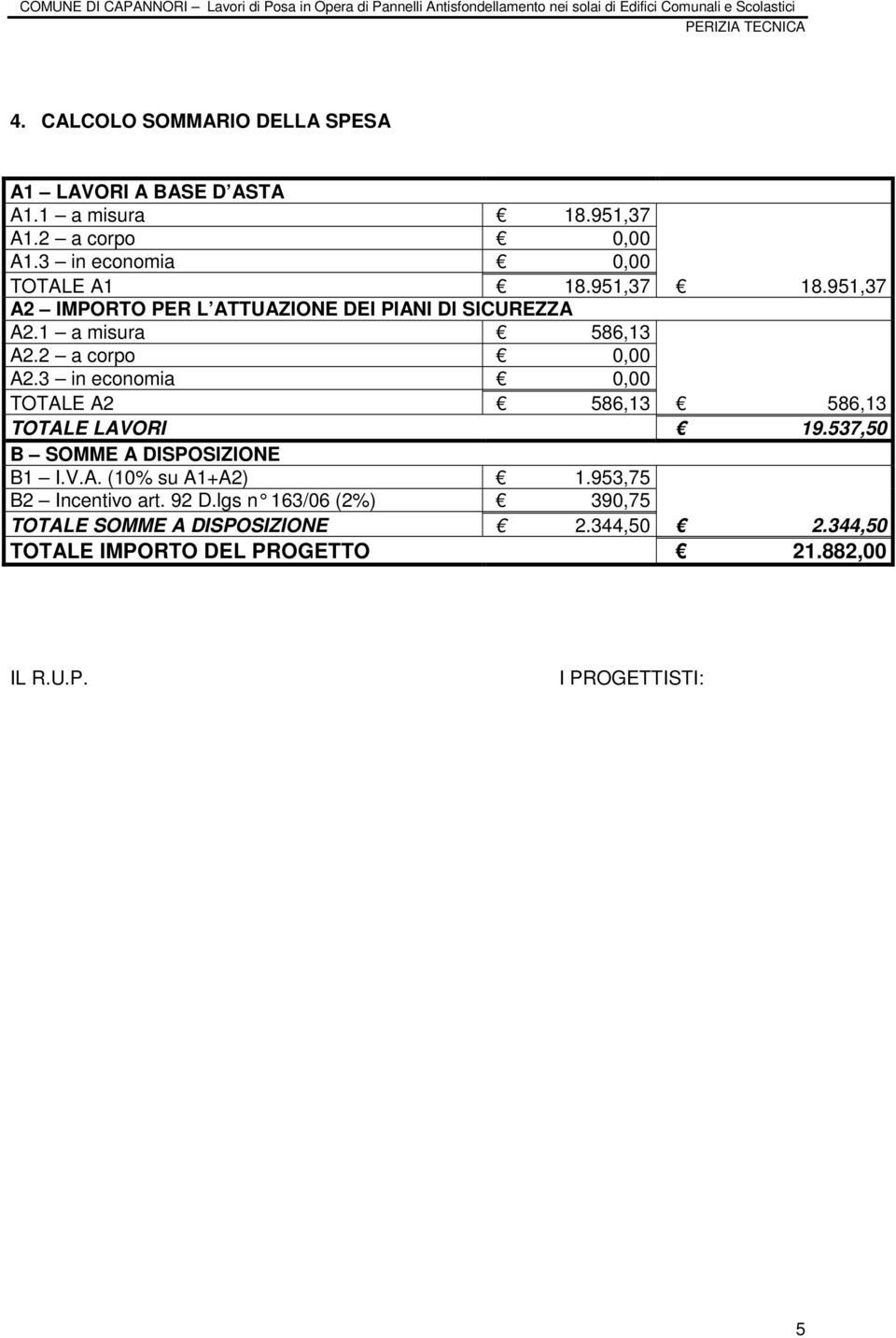 951,37 A2 IMPORTO PER L ATTUAZIONE DEI PIANI DI SICUREZZA A2.1 a misura 586,13 A2.2 a corpo 0,00 A2.3 in economia 0,00 TOTALE A2 586,13 586,13 TOTALE LAVORI 19.