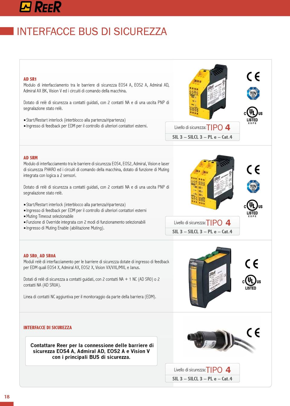 interlock (interblocco alla partenza/ripartenza) Ingresso di feedback per EDM per il controllo di ulteriori contattori esterni. Livello di sicurezza: TIPO 4 SIL 3 SILCL 3 PL e Cat.