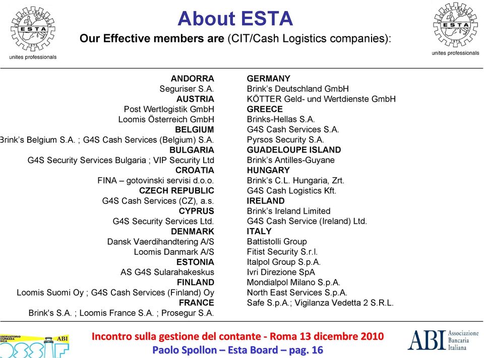 DENMARK Dansk Vaerdihandtering A/S Lmis Danmark A/S ESTONIA AS G4S Sularahakeskus FINLAND Lmis Sumi Oy ; G4S Cash Services (Finland) Oy FRANCE Brink's S.A. ; Lmis France S.A. ; Prsegur S.A. GERMANY Brink s Deutschland GmbH KÖTTER Geld- und Wertdienste GmbH GREECE Brinks-Hellas S.