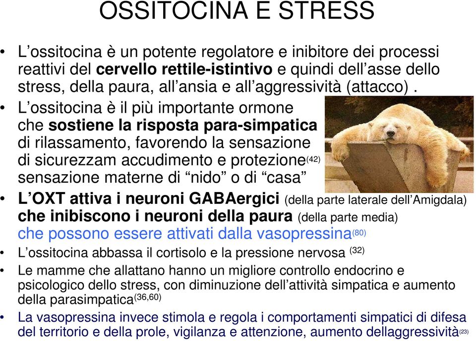 L ossitocina è il più importante ormone che sostiene la risposta para-simpatica di rilassamento, favorendo la sensazione di sicurezzam accudimento e protezione (42) sensazione materne di nido o di