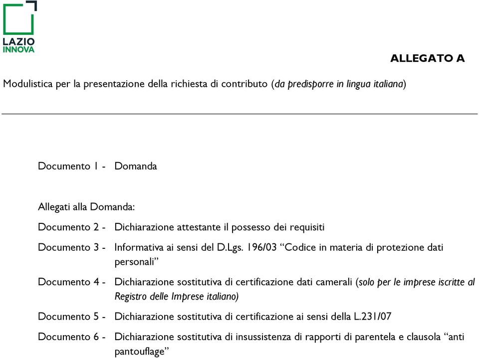 196/03 Codice in materia di protezione dati personali Documento 4 - Dichiarazione sostitutiva di certificazione dati camerali (solo per le imprese iscritte al