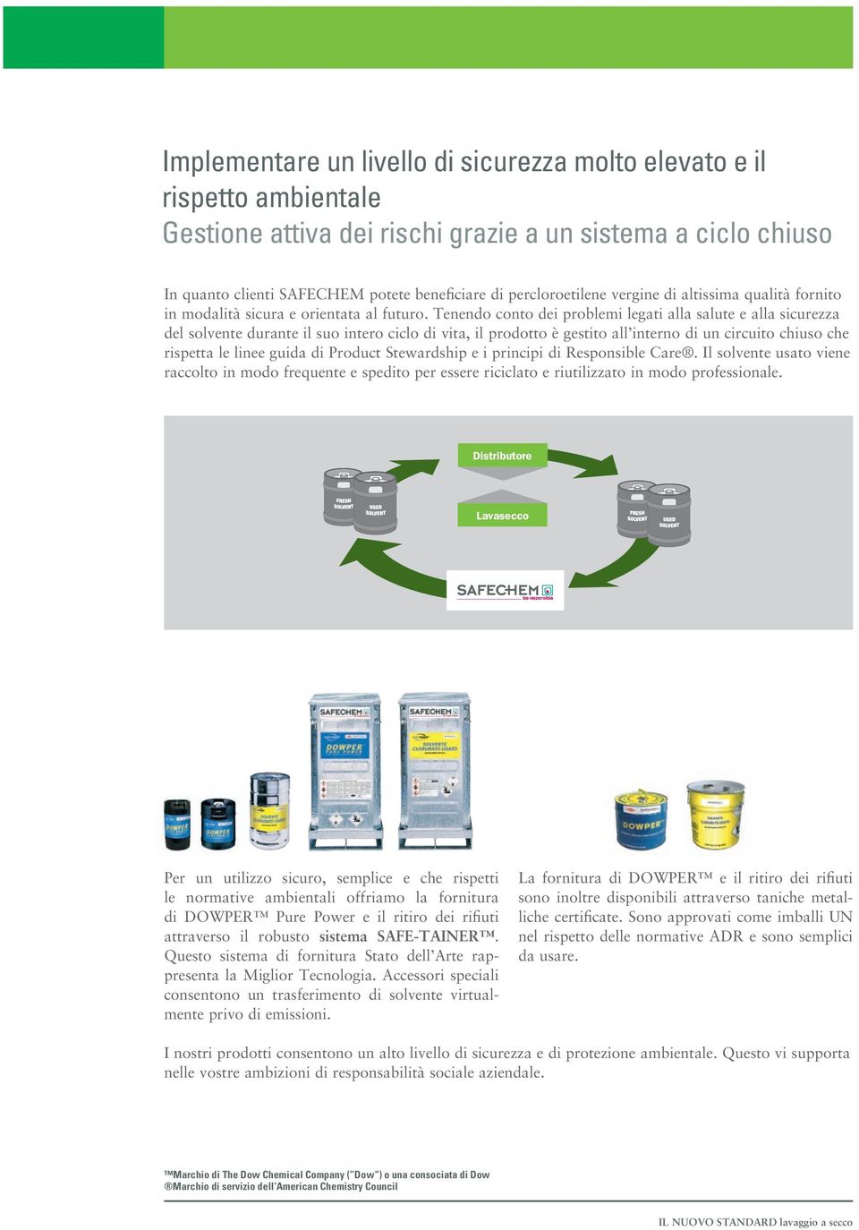 Tenendo conto dei problemi legati alla salute e alla sicurezza del solvente durante il suo intero ciclo di vita, il prodotto è gestito all interno di un circuito chiuso che rispetta le linee guida di