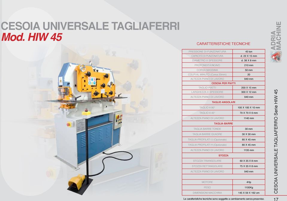 TAGLIO A 90 100 X 100 X 10 mm TAGLIO A 45 70 X 70 X 6 mm 1140 mm TAGLIA-BARRE TAGLIA BARRE TONDE 30 mm TAGLIA BARRE QUADRE 30 X 30 mm TAGLIA-PROFILATI U (Opzionale) 80 X 45 mm TAGLIA PROFILATI H