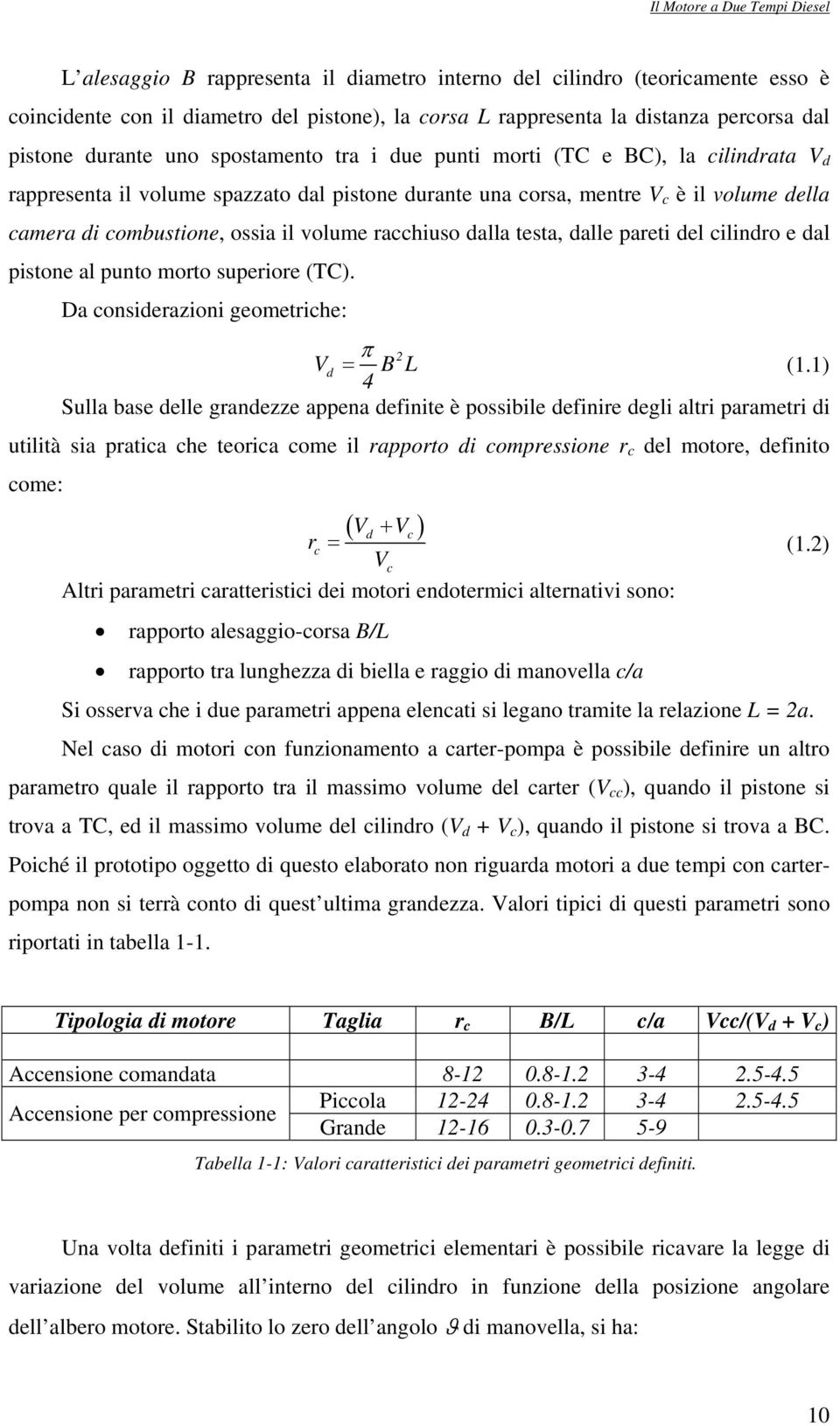 ossia il volume racchiuso dalla testa, dalle pareti del cilindro e dal pistone al punto morto superiore (TC). Da considerazioni geometriche: π 2 Vd = B L (1.