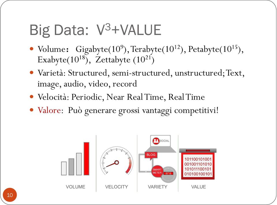 semi-structured, unstructured; Text, image, audio, video, record Velocità: