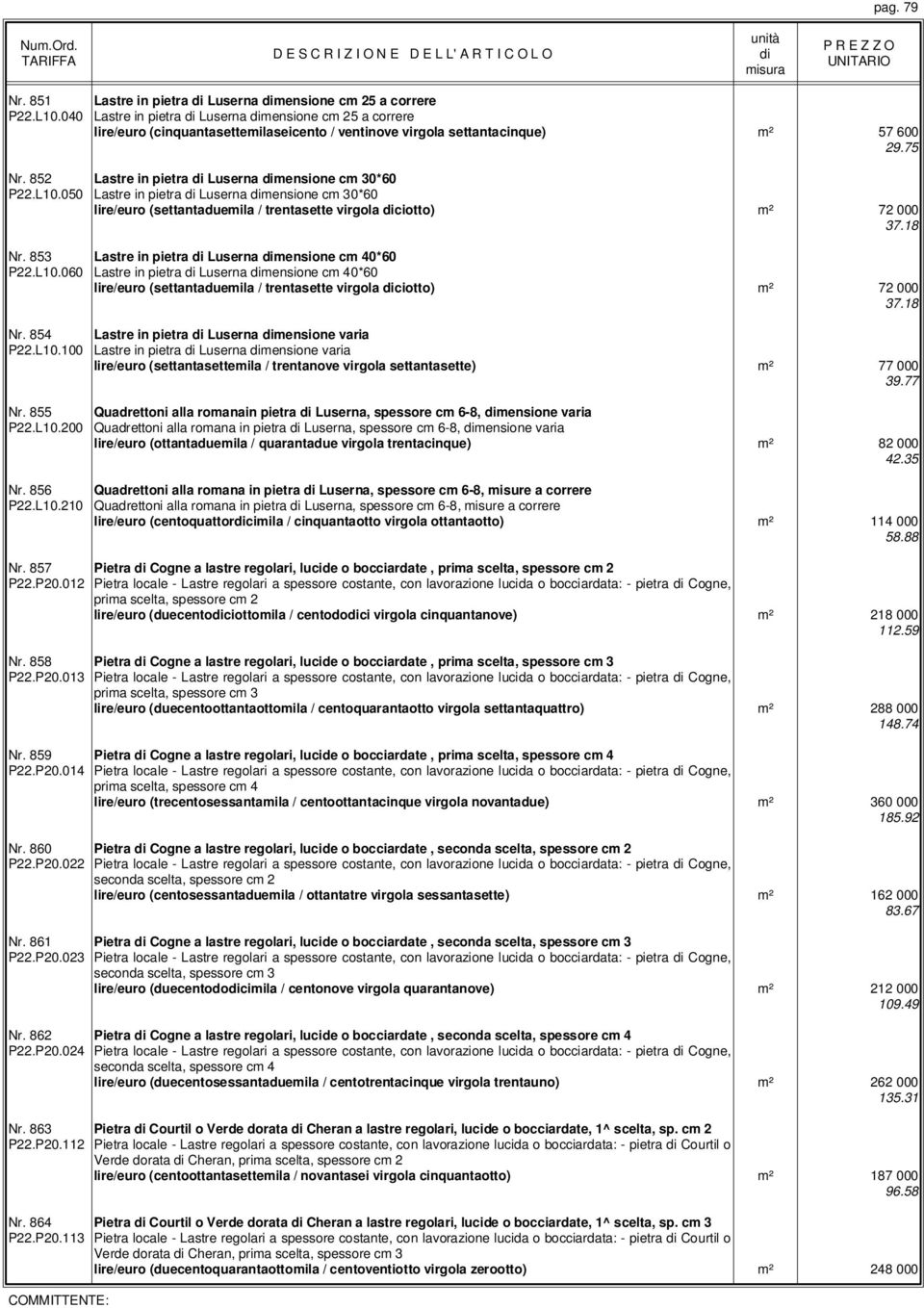 852 Lastre in pietra Luserna mensione cm 30*60 P22.L10.050 Lastre in pietra Luserna mensione cm 30*60 lire/euro (settantaduemila / trentasette virgola ciotto) m² 72 000 37.18 Nr.
