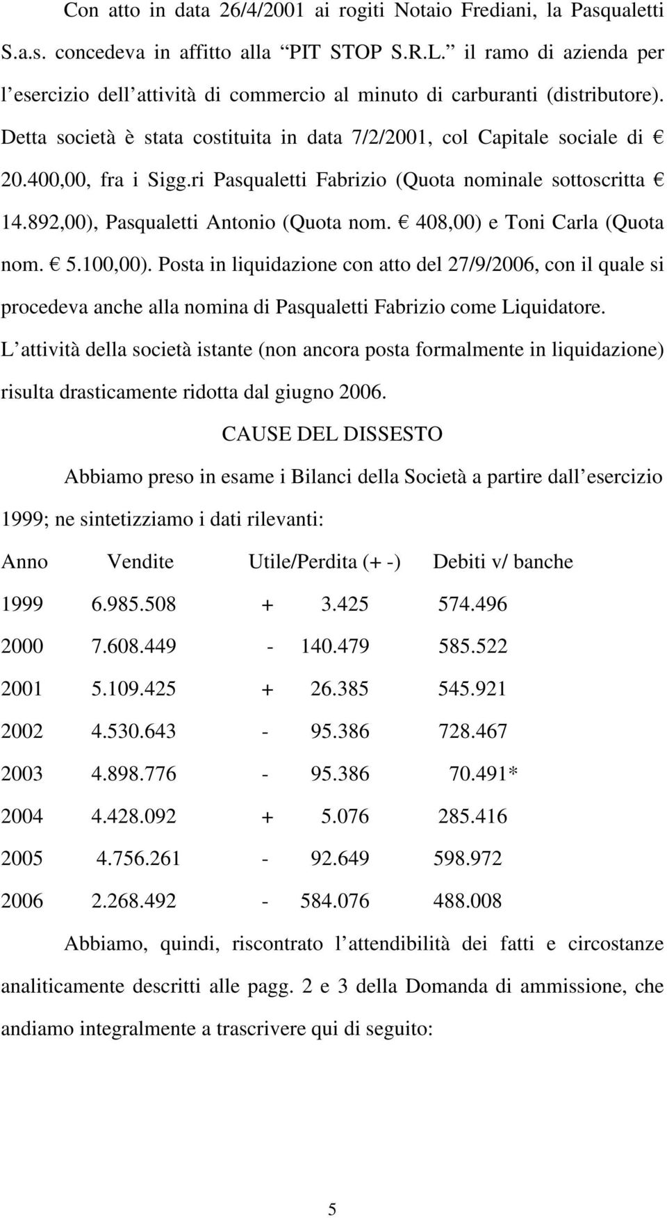 ri Pasqualetti Fabrizio (Quota nominale sottoscritta 14.892,00), Pasqualetti Antonio (Quota nom. 408,00) e Toni Carla (Quota nom. 5.100,00).