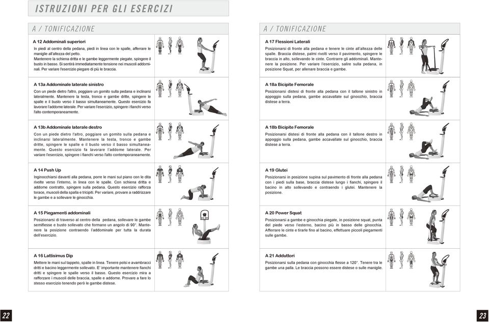 A / TONIFICAZIONE A 17 Flessioni Laterali Posizionarsi di fronte alla pedana e tenere le cinte all altezza delle spalle.