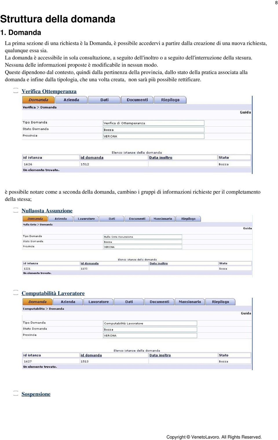 Queste dipendono dal contesto, quindi dalla pertinenza della provincia, dallo stato della pratica associata alla domanda e infine dalla tipologia, che una volta creata, non sarà più possibile