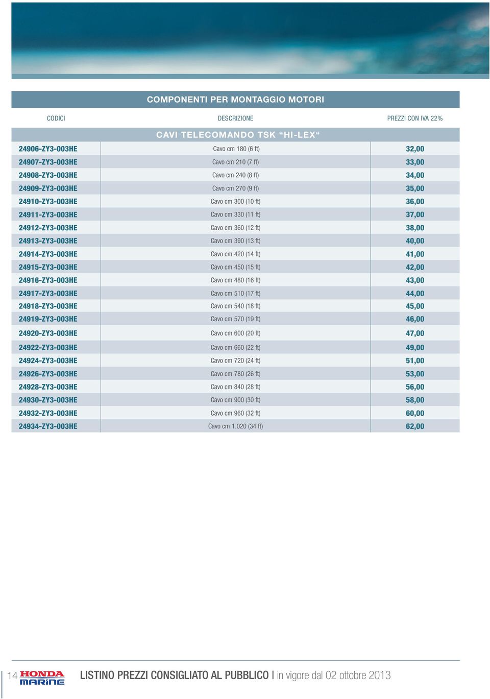 24913-ZY3-003HE Cavo cm 390 (13 ft) 40,00 24914-ZY3-003HE Cavo cm 420 (14 ft) 41,00 24915-ZY3-003HE Cavo cm 450 (15 ft) 42,00 24916-ZY3-003HE Cavo cm 480 (16 ft) 43,00 24917-ZY3-003HE Cavo cm 510 (17