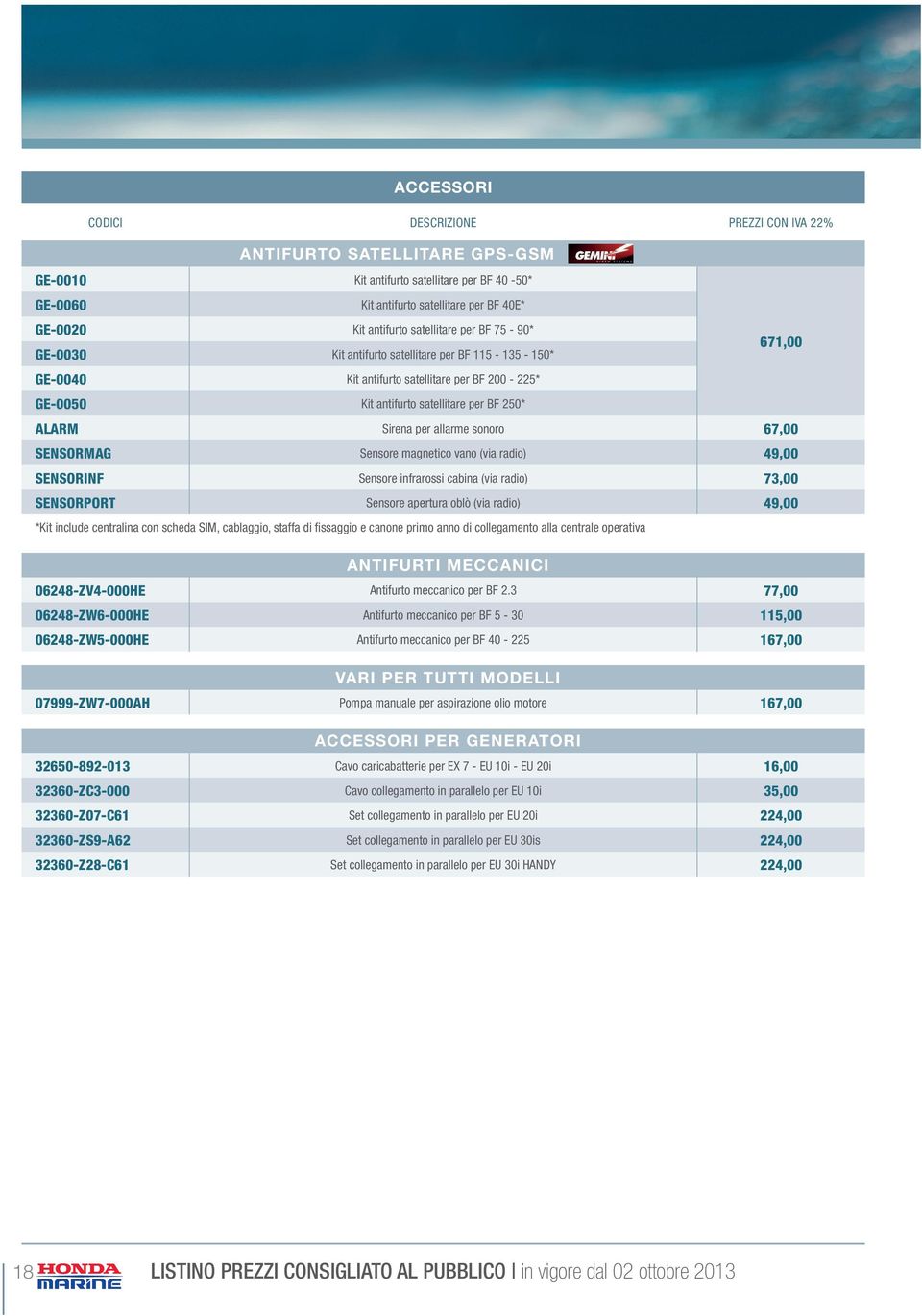 per allarme sonoro 67,00 SENSORMAG Sensore magnetico vano (via radio) 49,00 SENSORINF Sensore infrarossi cabina (via radio) 73,00 SENSORPORT Sensore apertura oblò (via radio) 49,00 *Kit include