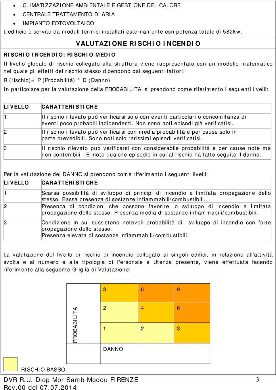 stesso dipendono dai seguenti fattori: R (rischio)= P (Probabilità) * D (Danno) In particolare per la valutazione della PROBABILITA si prendono come riferimento i seguenti livelli: LIVELLO