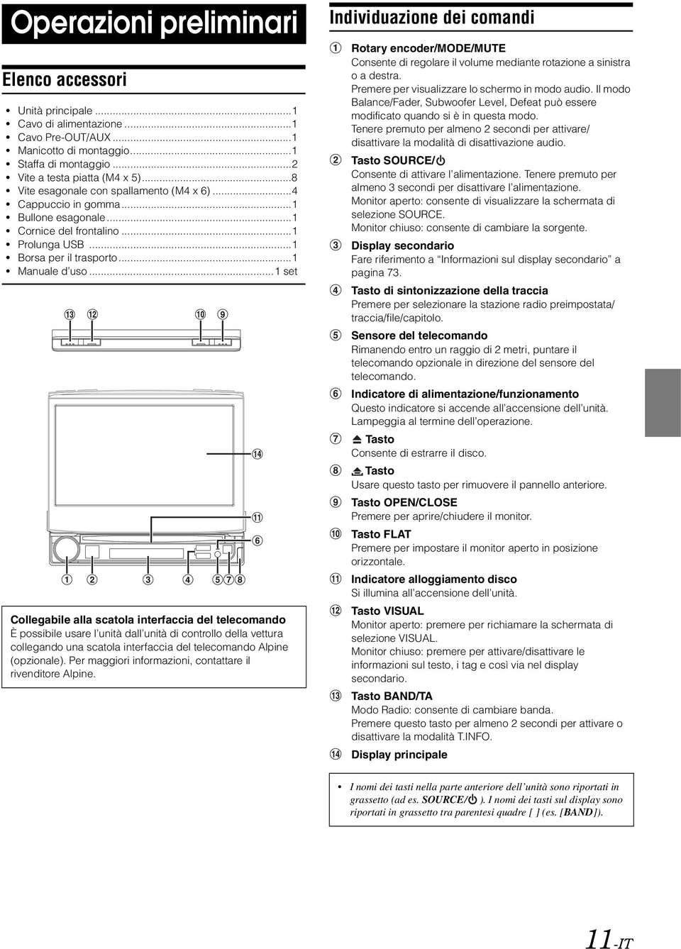 ..1 set Collegabile alla scatola interfaccia del telecomando È possibile usare l unità dall unità di controllo della vettura collegando una scatola interfaccia del telecomando Alpine (opzionale).