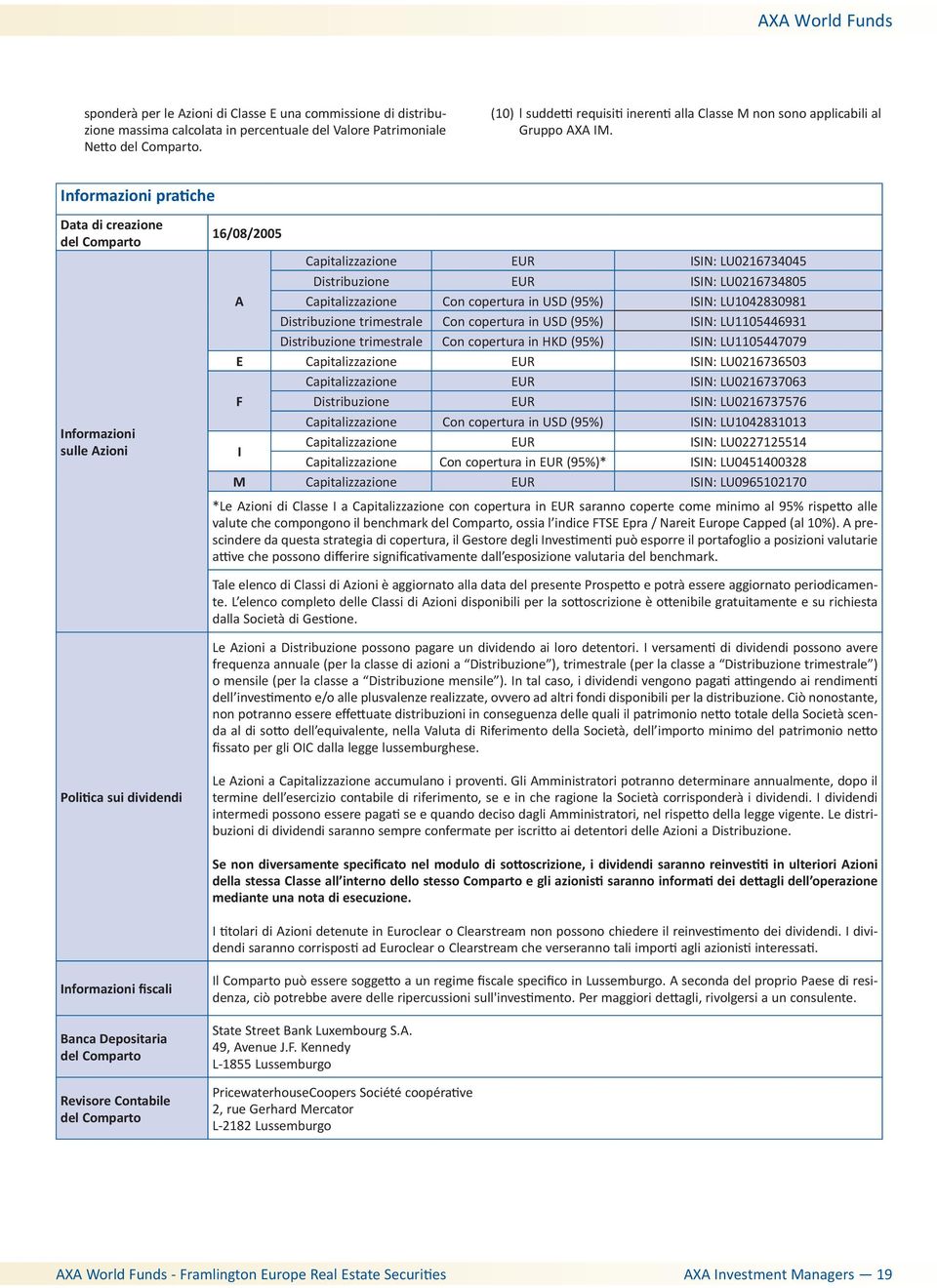 Informazioni pratiche Data di creazione del Comparto Informazioni sulle Azioni 16/08/2005 Capitalizzazione EUR ISIN: LU0216734045 Distribuzione EUR ISIN: LU0216734805 A Capitalizzazione Con copertura